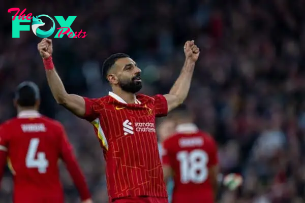 LIVERPOOL, ENGLAND - Saturday, November 2, 2024: Liverpool's Mohamed Salah celebrates after scoring the second goal during the FA Premier League match between Liverpool FC and Brighton & Hove Albion FC at Anfield. (Photo by David Rawcliffe/Propaganda)