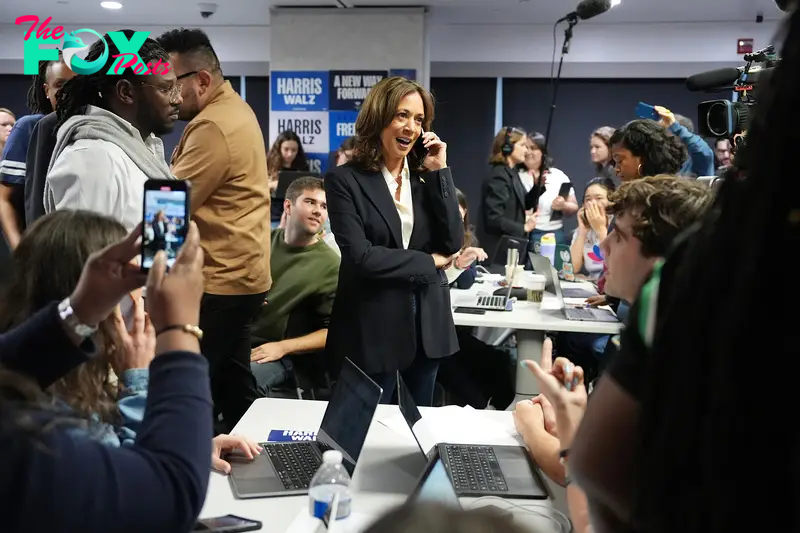 Democratic presidential nominee Vice President Kamala Harris drops by a phone bank event at the Democratic National Committee headquarters on Election Day in Washington, D.C., on Nov. 5, 2024.