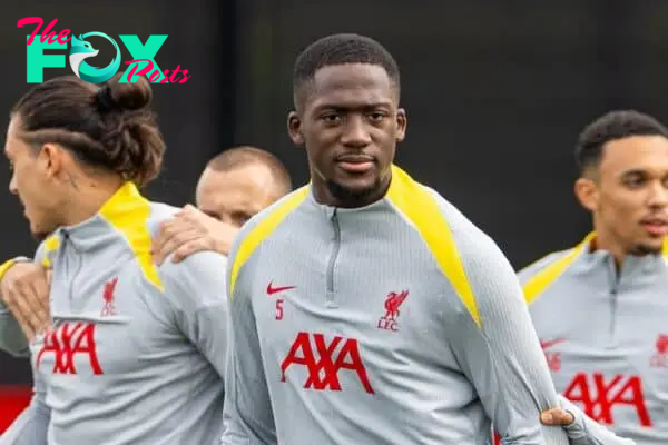 LIVERPOOL, ENGLAND - Tuesday, October 1, 2024: Liverpool's Ibrahima Konaté (L) and Mohamed Salah during a training session at the AXA Training Centre ahead of the UEFA Champions League match between Liverpool FC and Bologna FC. (Photo by David Rawcliffe/Propaganda)