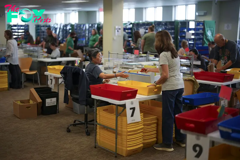 Election workers process mail-in ballots for the 2024 General Election at the Chester County, Pa., administrative offices, in West Chester, Pa., on Nov. 5, 2024.