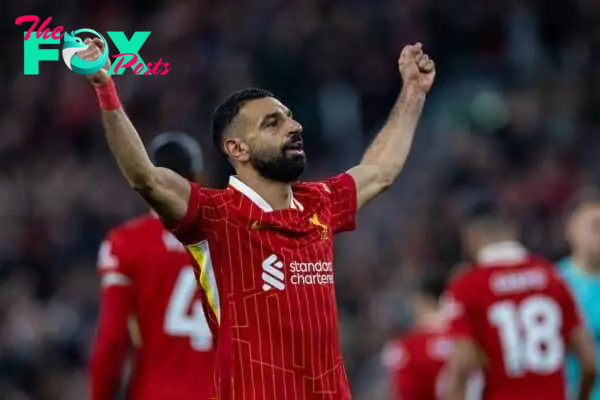 LIVERPOOL, ENGLAND - Saturday, November 2, 2024: Liverpool's Mohamed Salah celebrates after scoring the second goal during the FA Premier League match between Liverpool FC and Brighton & Hove Albion FC at Anfield. (Photo by David Rawcliffe/Propaganda)