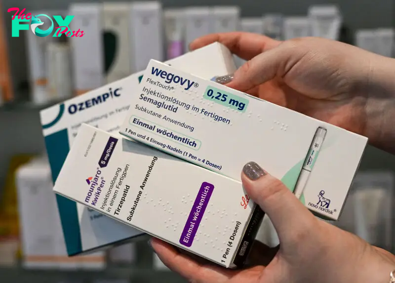 Packages for the GLP-1 medications Wegovy, Ozempic, and Mounjaro