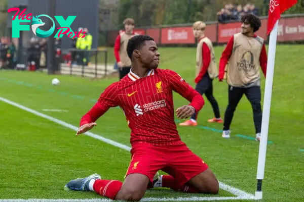 KIRKBY, ENGLAND - Tuesday, November 5, 2024: Liverpool's Keyrol Figueroa celebrates after scoring the third goal during the UEFA Youth League game between Liverpool FC Under-19's and Bayer Leverkusen Under-19's at the Liverpool Academy. (Photo by David Rawcliffe/Propaganda)