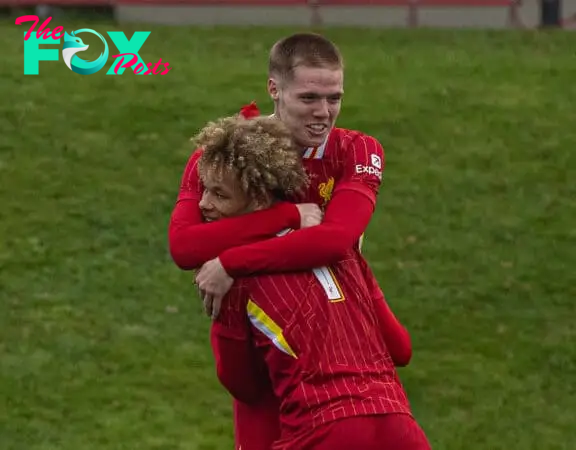 KIRKBY, ENGLAND - Tuesday, November 5, 2024: Liverpool's Carter Pinnington (R) celebrates with team-mate Trent Kone-Doherty after scoring the second goal during the UEFA Youth League game between Liverpool FC Under-19's and Bayer Leverkusen Under-19's at the Liverpool Academy. (Photo by David Rawcliffe/Propaganda)