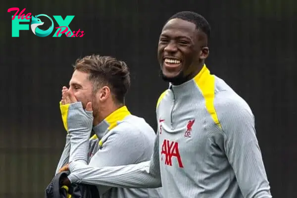 LIVERPOOL, ENGLAND - Monday, November 4, 2024: Liverpool's Alexis Mac Allister (L) and Ibrahima Konaté during a training session at the AXA Training Centre ahead of the UEFA Champions League match between Liverpool FC and Bayer 04 Leverkusen. (Photo by David Rawcliffe/Propaganda)