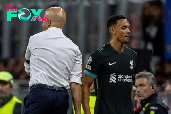 MILAN, ITALY - Tuesday, September 17, 2024: Liverpool's Trent Alexander-Arnold is substituted by head coach Arne Slot during the UEFA Champions League game between AC Milan and Liverpool FC at the Stadio San Siro. (Pic by David Rawcliffe/Propaganda)