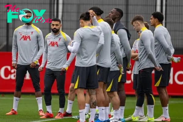 LIVERPOOL, ENGLAND - Monday, November 4, 2024: Liverpool's Ryan Gravenberch (L) and Mohamed Salah during a training session at the AXA Training Centre ahead of the UEFA Champions League match between Liverpool FC and Bayer 04 Leverkusen. (Photo by David Rawcliffe/Propaganda)