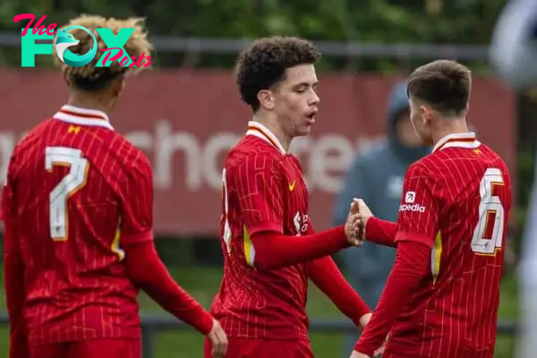 KIRKBY, ENGLAND - Tuesday, November 5, 2024: Liverpool's Kieran Morrison celebrates after scoring his side's first equalising goal during the UEFA Youth League game between Liverpool FC Under-19's and Bayer Leverkusen Under-19's at the Liverpool Academy. (Photo by David Rawcliffe/Propaganda)