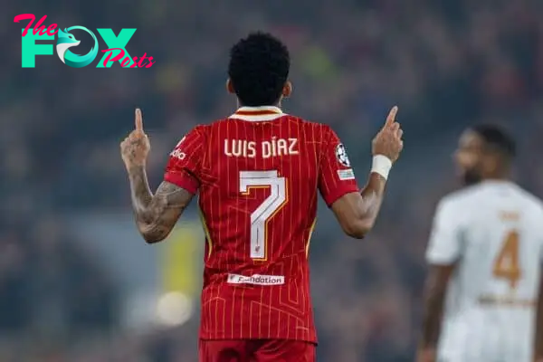 LIVERPOOL, ENGLAND - Wednesday, October 2, 2024: Liverpool's Luis Díaz celebrates after scoring the opening goal during the UEFA Champions League game between Liverpool FC and Bologna FC 1909 at Anfield. (Photo by David Rawcliffe/Propaganda)