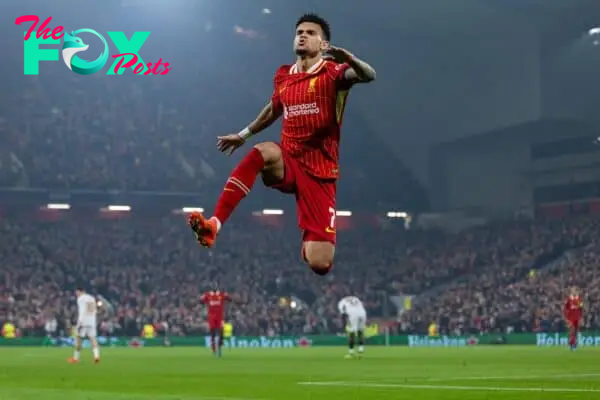 LIVERPOOL, ENGLAND - Wednesday, October 2, 2024: Liverpool's Luis Díaz celebrates after scoring the opening goal during the UEFA Champions League game between Liverpool FC and Bologna FC 1909 at Anfield. (Photo by David Rawcliffe/Propaganda)