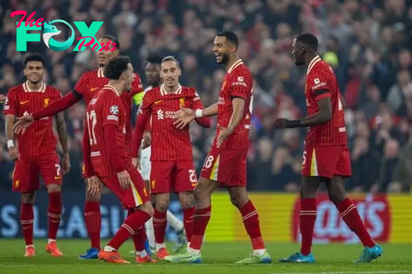 LIVERPOOL, ENGLAND - Wednesday, October 2, 2024: Liverpool's Cody Gakpo celebrates after scoring the second goal during the UEFA Champions League game between Liverpool FC and Bologna FC 1909 at Anfield. (Photo by David Rawcliffe/Propaganda)