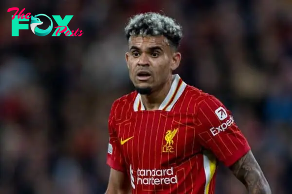 LIVERPOOL, ENGLAND - Wednesday, October 2, 2024: Liverpool's Luis Díaz during the UEFA Champions League game between Liverpool FC and Bologna FC 1909 at Anfield. (Photo by David Rawcliffe/Propaganda)