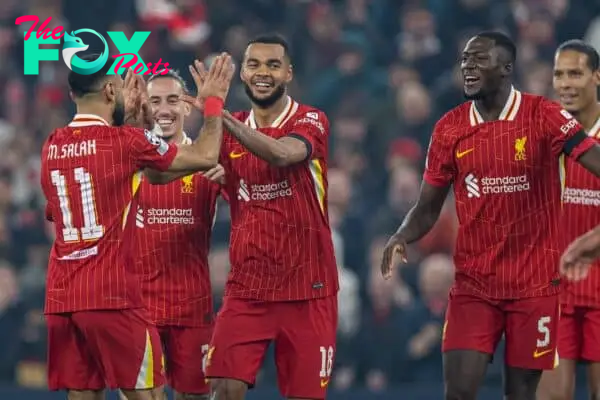 LIVERPOOL, ENGLAND - Wednesday, October 2, 2024: Liverpool's Cody Gakpo (C) celebrates after scoring the second goal during the UEFA Champions League game between Liverpool FC and Bologna FC 1909 at Anfield. (Photo by David Rawcliffe/Propaganda)