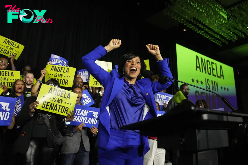 Democratic Maryland Senate candidate Angela Alsobrooks cheers during an election night watch party in College Park, Md., on Nov. 5, 2024.