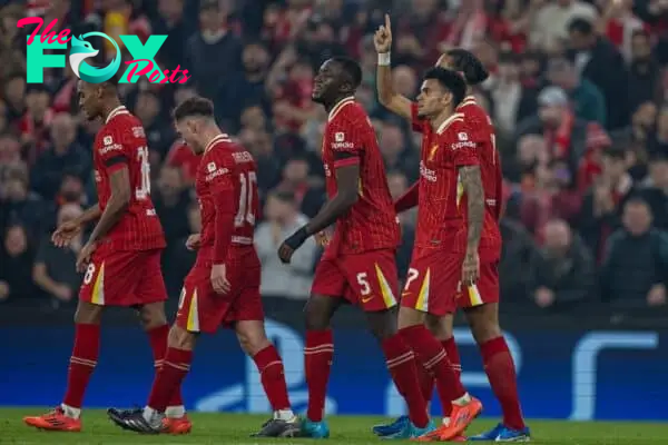 LIVERPOOL, ENGLAND - Tuesday, November 5, 2024: Liverpool's Luis Díaz celebrates after scoring the third goal during the UEFA Champions League game between Liverpool FC and Bayer Leverkusen at Anfield. (Photo by David Rawcliffe/Propaganda)