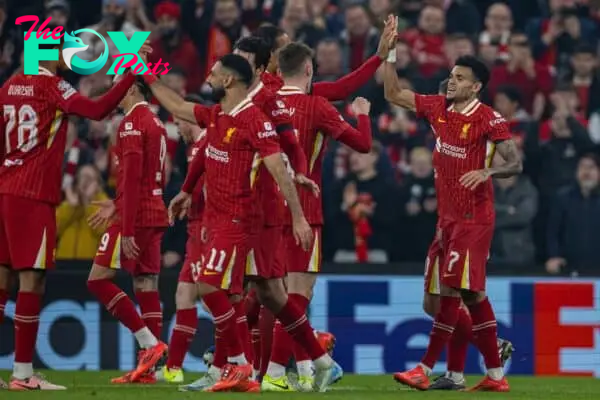 LIVERPOOL, ENGLAND - Tuesday, November 5, 2024: Liverpool's Luis Díaz celebrates after scoring the fourth goal, his hat-trick, during the UEFA Champions League game between Liverpool FC and Bayer Leverkusen at Anfield. (Photo by David Rawcliffe/Propaganda)