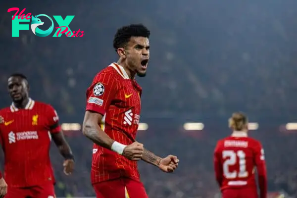 LIVERPOOL, ENGLAND - Wednesday, October 2, 2024: Liverpool's Luis Díaz celebrates after scoring the opening goal during the UEFA Champions League game between Liverpool FC and Bayer Leverkusen at Anfield. (Photo by David Rawcliffe/Propaganda)