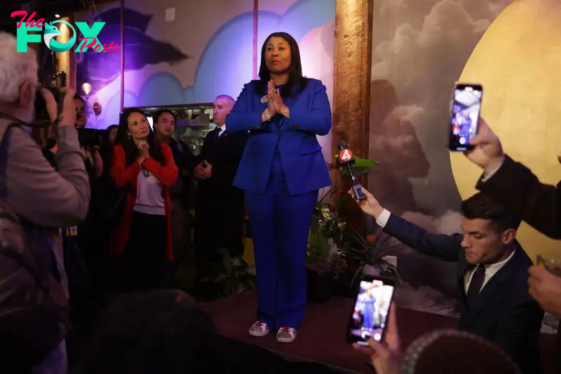 Mayor London Breed gives an initial speech after election results show she might be losing the election at an election night watch party at Little Skillet in San Francisco on Nov. 5, 2024.