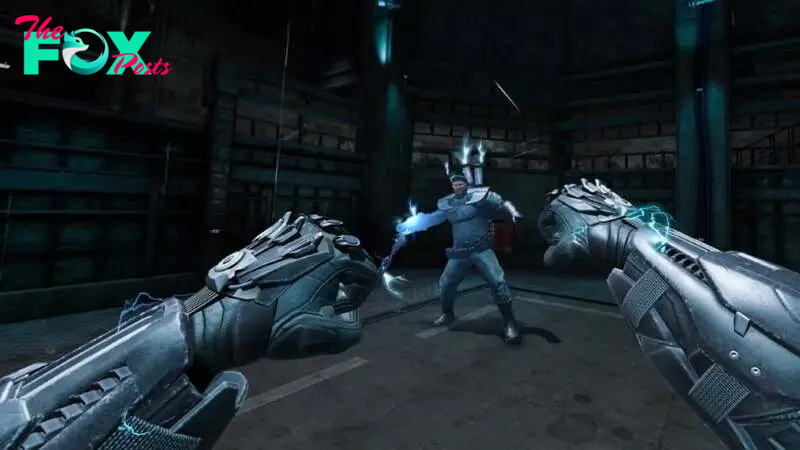 Batman about to punch the warden in Batman: Arkham Shadow.