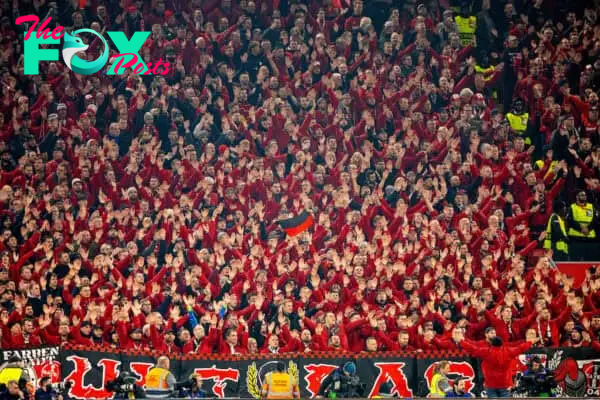 LIVERPOOL, ENGLAND - Wednesday, October 2, 2024: Bayer Leverkusen supporters during the UEFA Champions League game at Anfield. (Photo by David Rawcliffe/Propaganda)