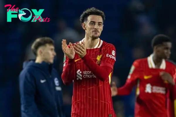 BRIGHTON & HOVE, ENGLAND - Wednesday, October 30, 2024: Liverpool's Curtis Jones applaud the supporters after the Football League Cup 4th Round match between Brighton & Hove Albion FC and Liverpool FC at the AMEX Community Stadium. Liverpool won 3-2. (Photo by David Rawcliffe/Propaganda)