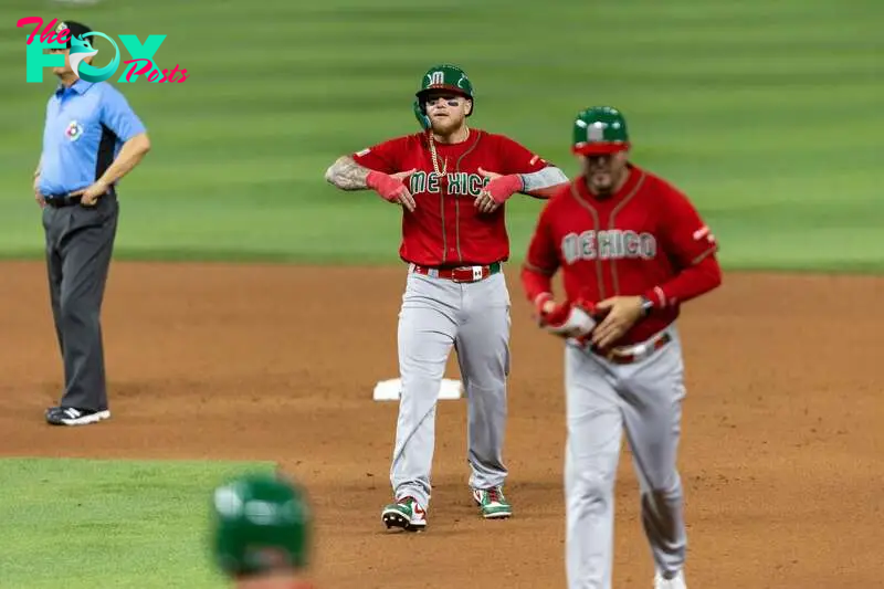      Alex Verdugo N-27 of Mexico during the game Japan vs Mexico, corresponding to the Semifinals of the 2023 World Baseball Classic, at LoanDepot Park, Miami, Florida, on March 20, 2023.

<br><br>

Alex Verdugo N-27 de Mexico durante el juego Japan vs Mexico, correspondiente a Semifinales del Clasico Mundial de Beisbol 2023, el el LoanDepot Park, Miami, Florida, el 20 de Marzo de 2023.