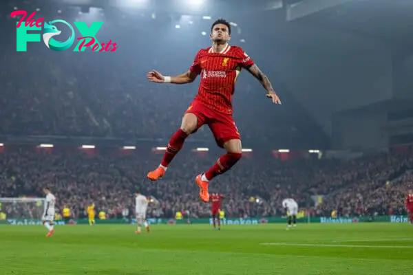 LIVERPOOL, ENGLAND - Wednesday, October 2, 2024: Liverpool's Luis Díaz celebrates after scoring the opening goal during the UEFA Champions League game between Liverpool FC and Bayer Leverkusen at Anfield. (Photo by David Rawcliffe/Propaganda)