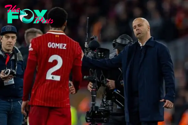 LIVERPOOL, ENGLAND - Saturday, November 2, 2024: Liverpool's head coach Arne Slot with Joe Gomez after the FA Premier League match between Liverpool FC and Brighton & Hove Albion FC at Anfield. (Photo by David Rawcliffe/Propaganda)