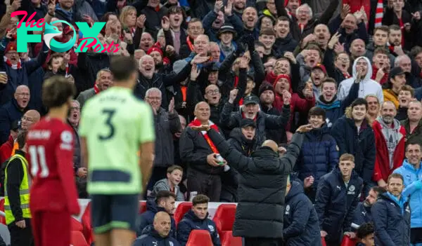 LIVERPOOL, ENGLAND - Sunday, October 16, 2022: Manchester City's manager Josep 'Pep' Guardiola reacts to Liverpool supporters during the FA Premier League match between Liverpool FC and Manchester City FC at Anfield. (Pic by David Rawcliffe/Propaganda)