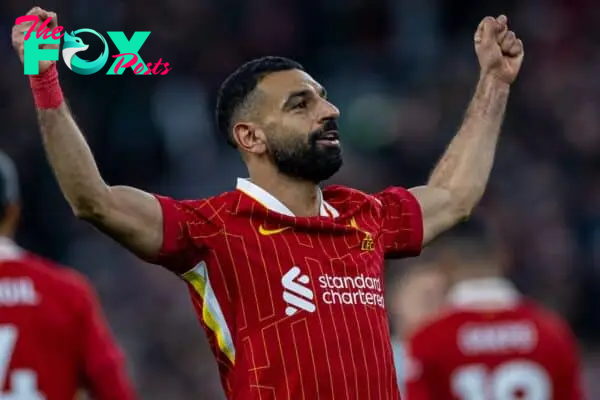 LIVERPOOL, ENGLAND - Saturday, November 2, 2024: Liverpool's Mohamed Salah celebrates after scoring the second goal during the FA Premier League match between Liverpool FC and Brighton & Hove Albion FC at Anfield. (Photo by David Rawcliffe/Propaganda)