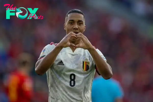 CARDIFF, WALES - Saturday, June 11, 2022: Belgium's Youri Tielemans celebrates after scoring the opening goal during the UEFA Nations League Group A4 game between Wales and Belgium at the Cardiff City Stadium. The game ended in a 1-1 draw. (Photo by David Rawcliffe/Propaganda)