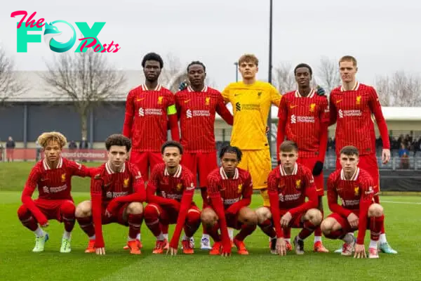 KIRKBY, ENGLAND - Tuesday, November 5, 2024: Liverpool players line-up for a team group photograph before the UEFA Youth League game between Liverpool FC Under-19's and Bayer Leverkusen Under-19's at the Liverpool Academy. Back row L-R: Amara Nallo, Lucky Wellity, Kornel Misciur, Trey Nyoni, Carter Pinnington. Front row L-R: Kieran Morrison, Trent Kone-Doherty, Kieran Morrison, Ranel Young, Rio Ngumoha, Josh Davidson, Michael Laffey. (Photo by David Rawcliffe/Propaganda)