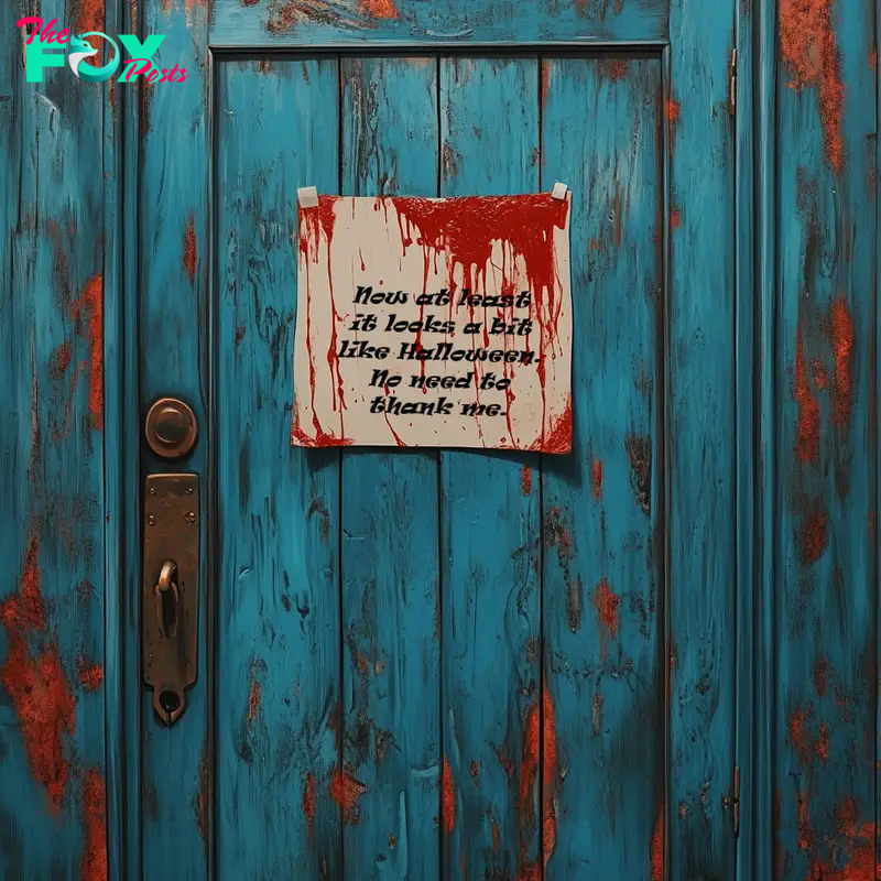 A door with a note smeared in tomato pulp | Source: Midjourney