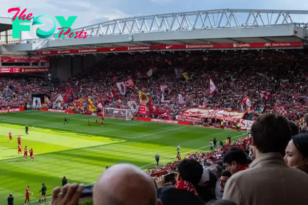 LIVERPOOL, ENGLAND - Sunday, May 5, 2024: Liverpool supporters on the Spion Kop before the FA Premier League match between Liverpool FC and Tottenham Hotspur FC at Anfield. (Photo by David Rawcliffe/Propaganda)