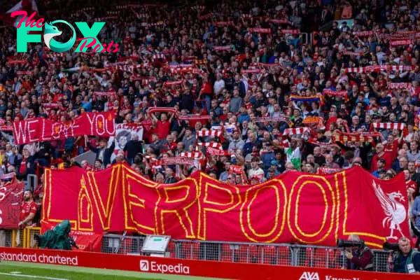 LIVERPOOL, ENGLAND - Saturday, September 21, 2024: Liverpool supporters on the Spion Kop before the FA Premier League match between Liverpool FC and AFC Bournemouth at Anfield. Liverpool won 3-0. (Photo by David Rawcliffe/Propaganda)