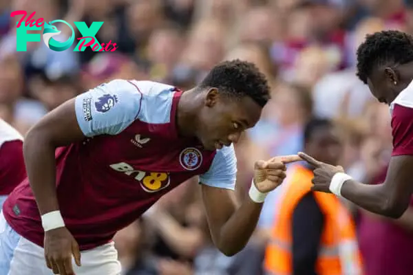 BIRMINGHAM, ENGLAND - Sunday, August 20, 2023: Aston Villa's Jhon Durán celebrates after scoring the fourth goal during the FA Premier League match between Aston Villa FC and Everton FC at Villa Park. (Pic by David Rawcliffe/Propaganda)