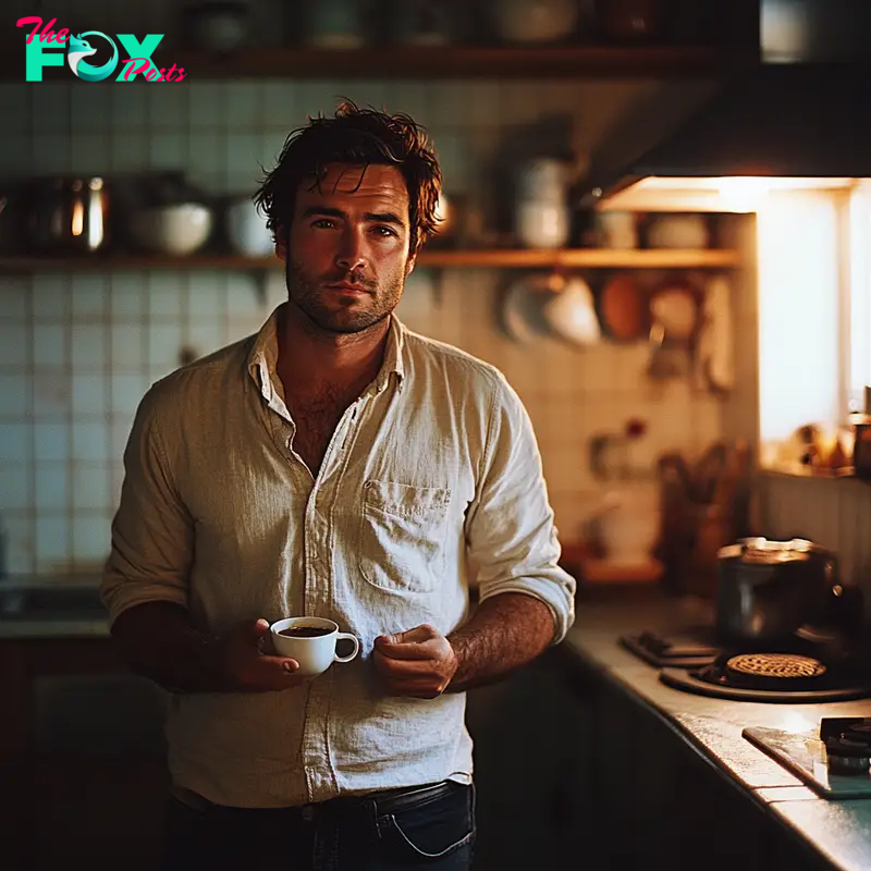 A tired man holding a cup of coffee in the kitchen | Source: Midjourney