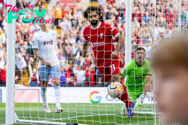 LIVERPOOL, ENGLAND - Saturday, September 2, 2023: Liverpool's Mohamed Salah scores the third goal during the FA Premier League match between Liverpool FC and Aston Villa FC at Anfield. (Pic by David Rawcliffe/Propaganda)