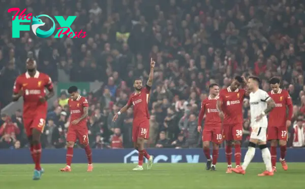 LIVERPOOL, ENGLAND - NOVEMBER 05: Cody Gakpo of Liverpool celebrates scoring his team's second goal during the UEFA Champions League 2024/25 League Phase MD4 match between Liverpool FC and Bayer 04 Leverkusen at Anfield on November 05, 2024 in Liverpool, England. (Photo by Naomi Baker - UEFA/UEFA via Getty Images)