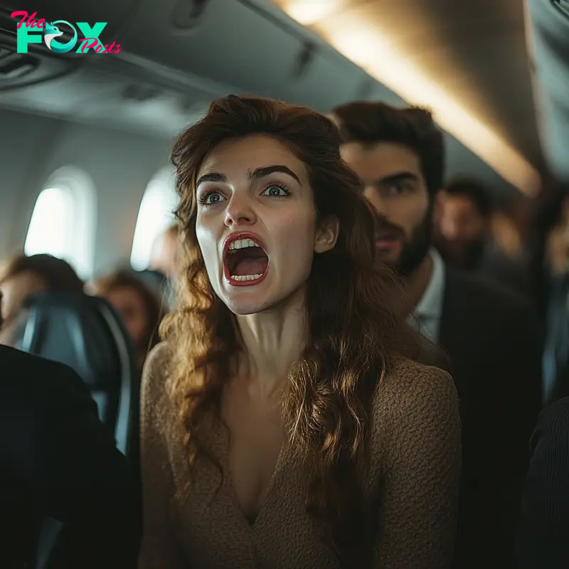 An angry passenger shouting on a plane | Source: Midjourney