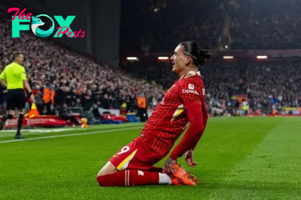 LIVERPOOL, ENGLAND - Saturday, November 9, 2024: Liverpool's Darwin Núñez celebrates after scoring the first goal during the FA Premier League match between Liverpool FC and Aston Villa FC at Anfield. (Photo by David Rawcliffe/Propaganda)