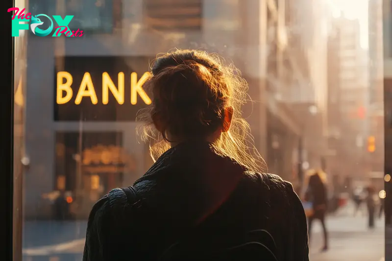 A woman outside a bank | Source: Midjourney