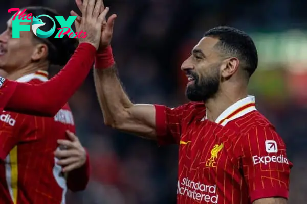 LIVERPOOL, ENGLAND - Saturday, November 2, 2024: Liverpool's Mohamed Salah celebrates after scoring the second goal during the FA Premier League match between Liverpool FC and Brighton & Hove Albion FC at Anfield. (Photo by David Rawcliffe/Propaganda)