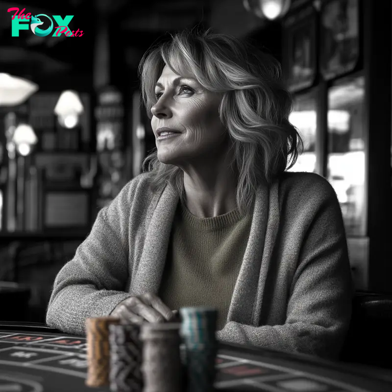 A grayscale photo of a senior woman sitting in a casino with gambling chips lying on her table | Source: Midjourney