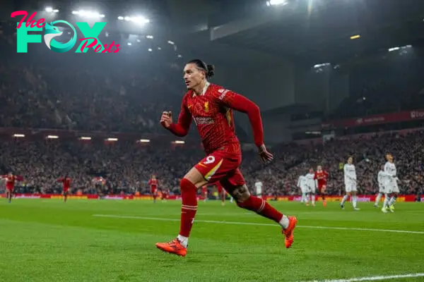 LIVERPOOL, ENGLAND - Saturday, November 9, 2024: Liverpool's Darwin Núñez celebrates after scoring the opening goal during the FA Premier League match between Liverpool FC and Aston Villa FC at Anfield. (Photo by David Rawcliffe/Propaganda)