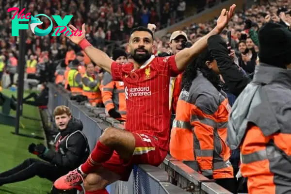 Mohamed Salah of Liverpool celebrating after scoring the second goal during the Premier League match between Liverpool FC and Aston Villa FC at Anfield on November 09, 2024 in Liverpool, England. (Photo by John Powell/Liverpool FC via Getty Images)