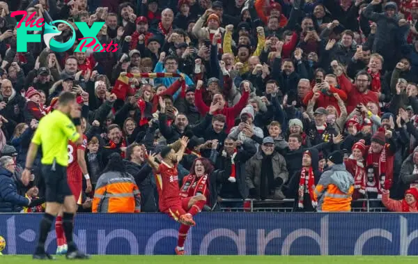 LIVERPOOL, ENGLAND - Saturday, November 9, 2024: Liverpool's Mohamed Salah celebrates after scoring the second goal during the FA Premier League match between Liverpool FC and Aston Villa FC at Anfield. (Photo by David Rawcliffe/Propaganda)