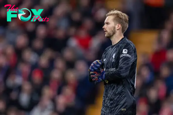 LIVERPOOL, ENGLAND - Wednesday, September 25, 2024: Liverpool's goalkeeper Caoimhin Kelleher during the Football League Cup 3rd Round match between Liverpool FC and West Ham United FC at Anfield. Liverpool won 5-1. (Photo by Ryan Brown/Propaganda)