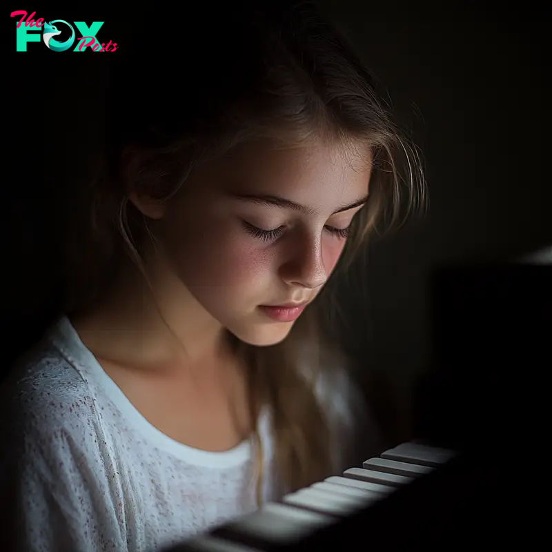 A sad girl looking at her piano | Source: Midjourney