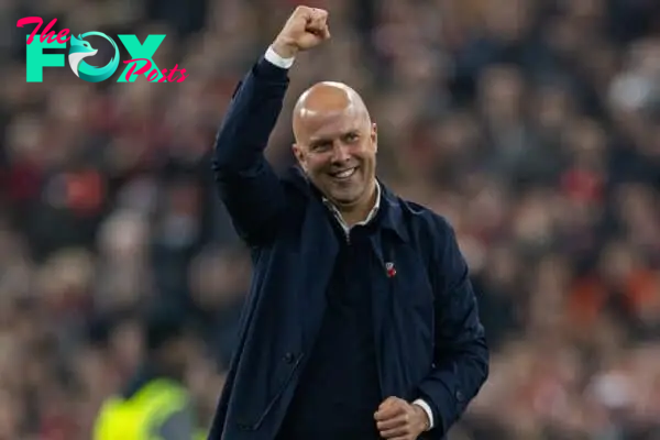 LIVERPOOL, ENGLAND - Saturday, November 9, 2024: Liverpool's head coach Arne Slot celebrates after the FA Premier League match between Liverpool FC and Aston Villa FC at Anfield. Liverpool won 2-0. (Photo by David Rawcliffe/Propaganda)